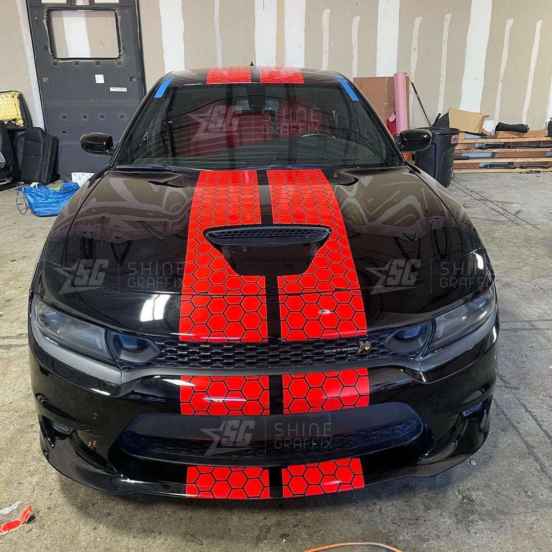 Black Charger red honeycomb racing stripes scat pack