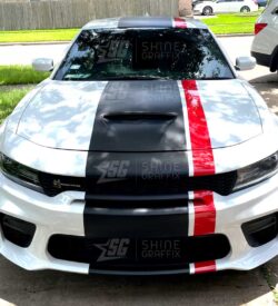 Dodge charge viper stripes Black and red Front view Hood