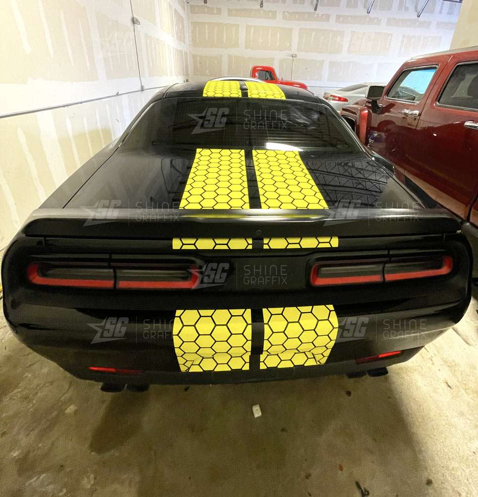 Challenger-honeycomb-racing-stripes-yellow-scat-pack-rear-view-with-cutout
