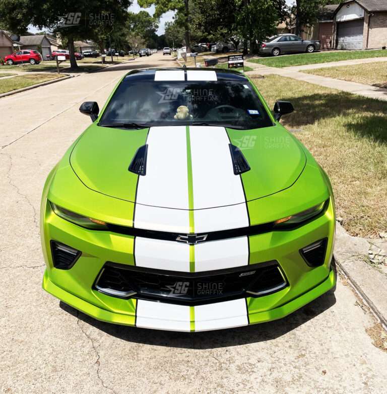 Chevrolet Camaro racing stripes 11in 2-color front view hood bumper